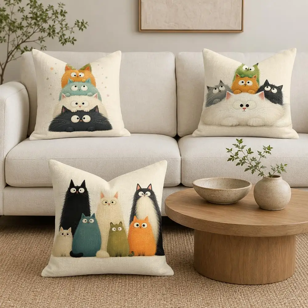 Super Cute Cartoon Cat Cushion Cover Natural Linen Organic Fabric Double-Sided Printing Sofa Home Decor Gift Pillow Cover