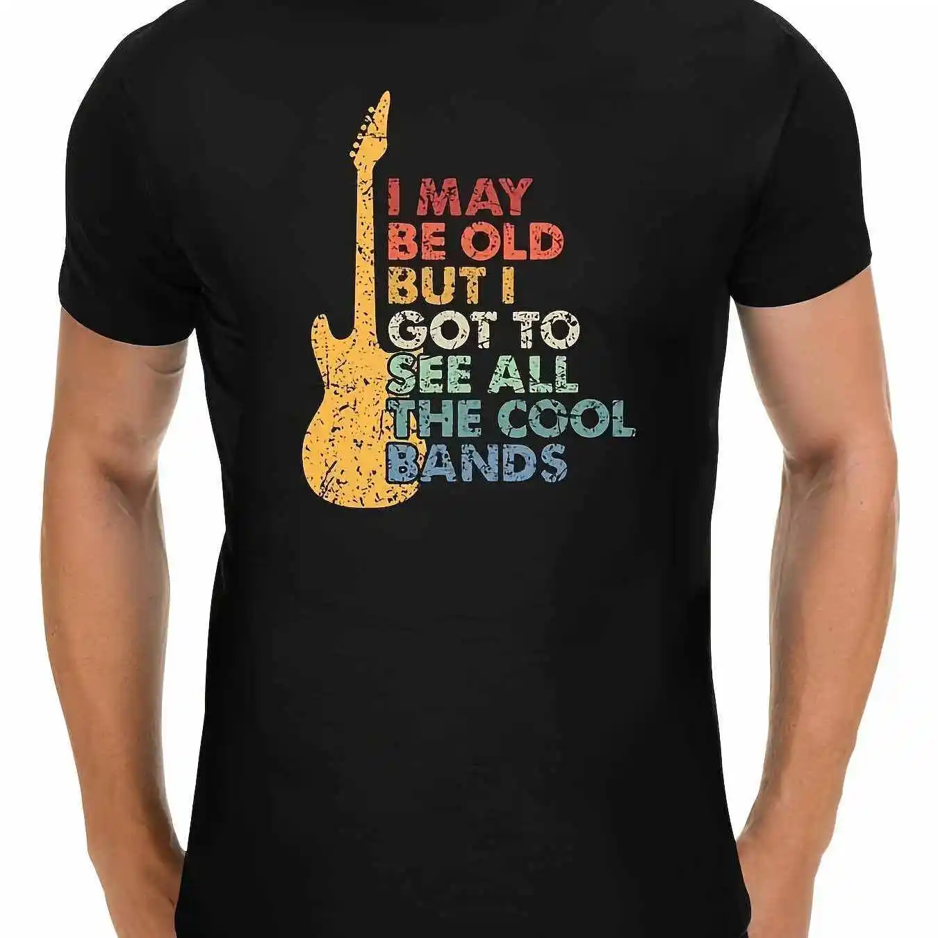 Men's Retro Rock Graphic T-Shirt - I May Be Old, but I Have to See All the Cool Slogans, Black Short-Sleeved T-Shirt with Retro Guitar and Musical Note Print, Round Neck Casual Shirt, Suitable for Concerts and Casual Wear