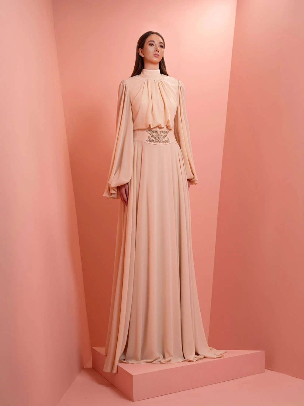 قفطان متواضع ذو رقبة عالية بالإضافة إلى حجم فستان سهرة أنيق من الشيفون الناعم مطرز بالخرز فستان كوكتيل مخصص للنساء #2