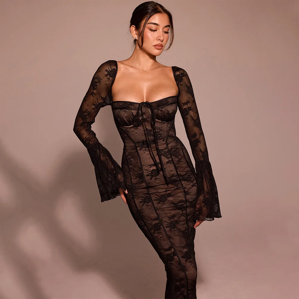 

2025 New Women's Sexy Strapless Lace Bell Sleeve Backless Bodycon Maxi Dress Trendy Party Outfit bell sleeve