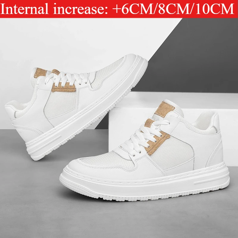

Men's White Brown Elevator Shoes 6/8/10CM Hidden Height Increasing Breathable Mesh Casual Platform Sneakers