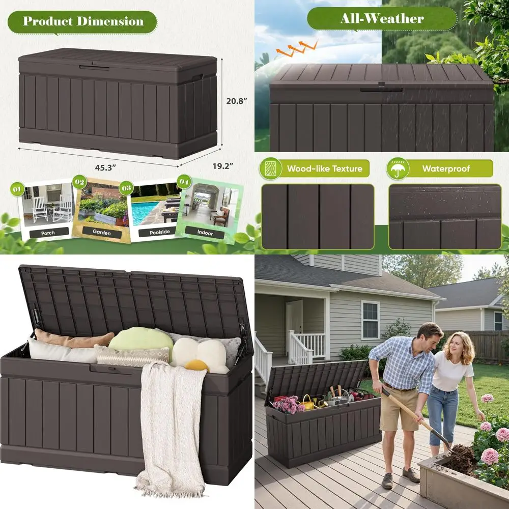 

Водонепроницаемый ящик для хранения на открытом воздухе объемом 80 галлонов с текстурой дерева для подушек для патио (коричневый)