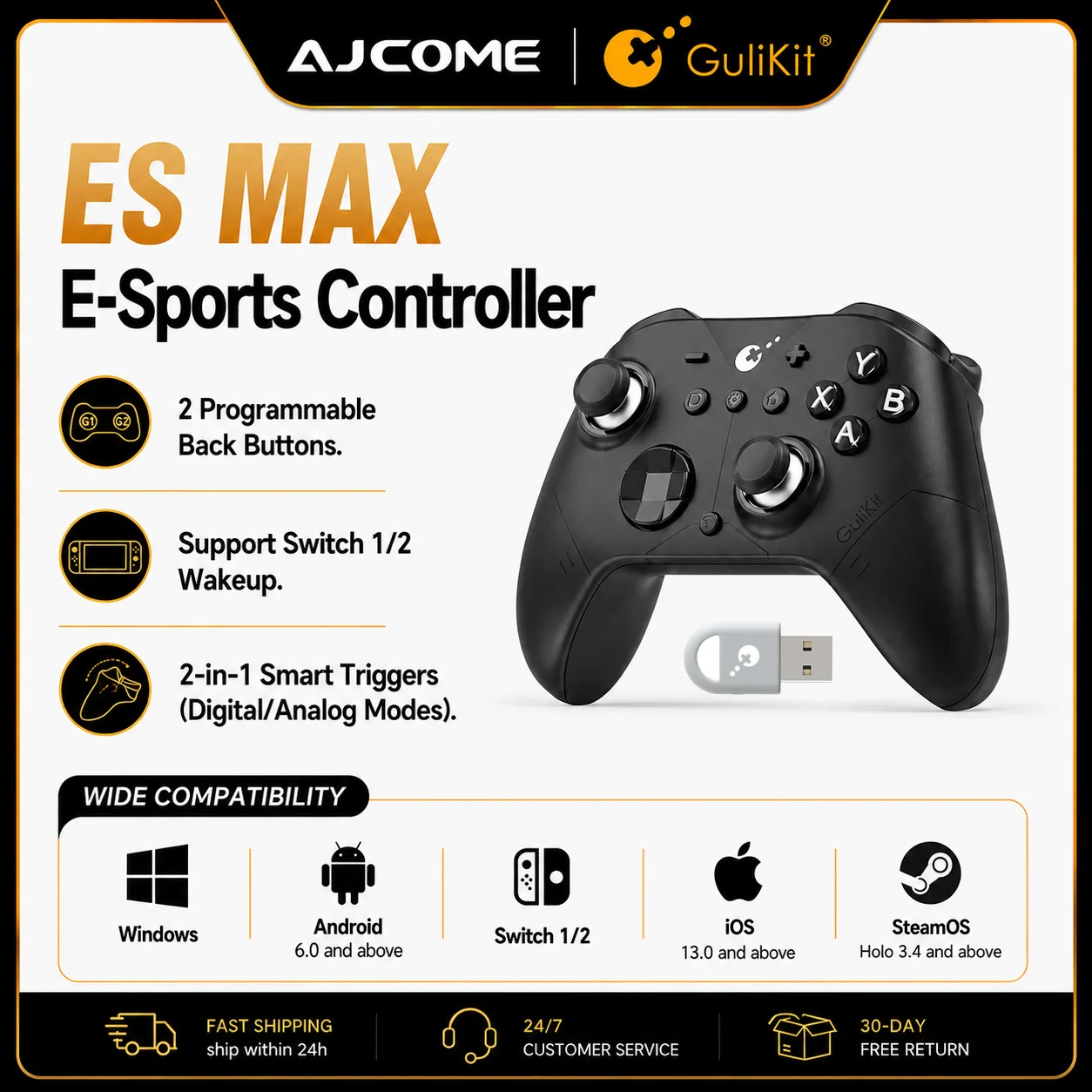 GuliKit ES MAX コントローラー Bluetooth ワイヤレスゲームパッド Switch 1/2 PC Android SteamOS対応 TMRスティック、デュアルモードトリガー搭載