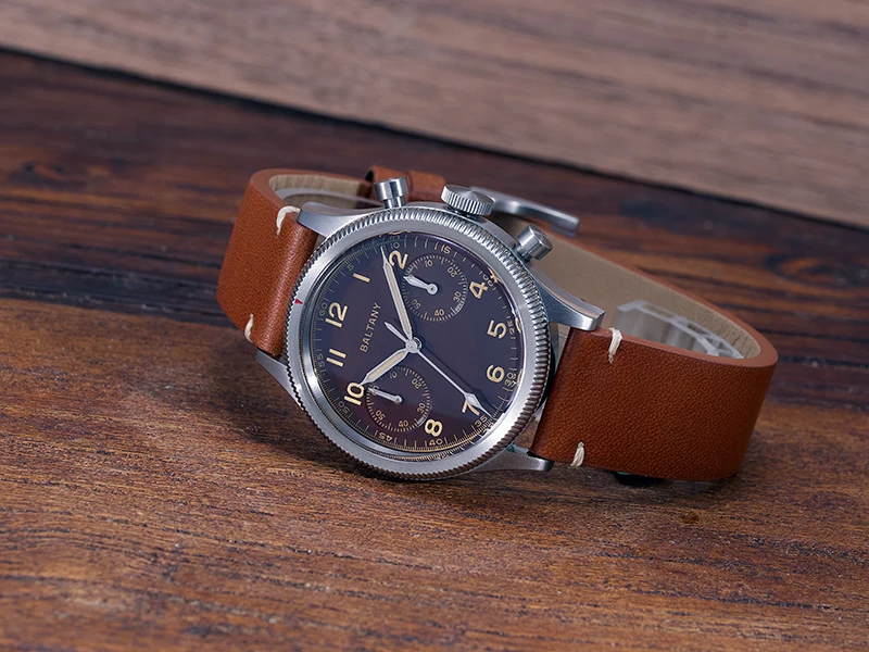 Baltany S5054 Pilot Chrono Quarzuhren, schnelles Zurücksetzen, drehbare Lünette, geriffelte Lünette, Vintage-Retro-Stil, Saphirglas mit Lume – Detail 4