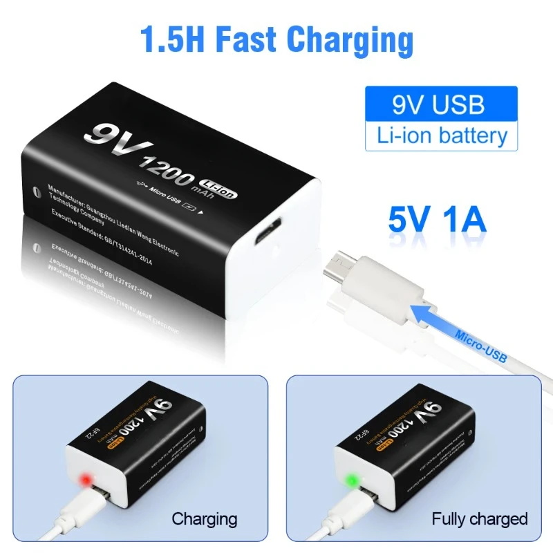 1200mAh Li-Ion 9V แบตเตอรี่ชาร์จ Crown 9 โวลต์สําหรับไมโครโฟนเครื่องตรวจจับโลหะพร้อมพอร์ตชาร์จ USB Bateria
