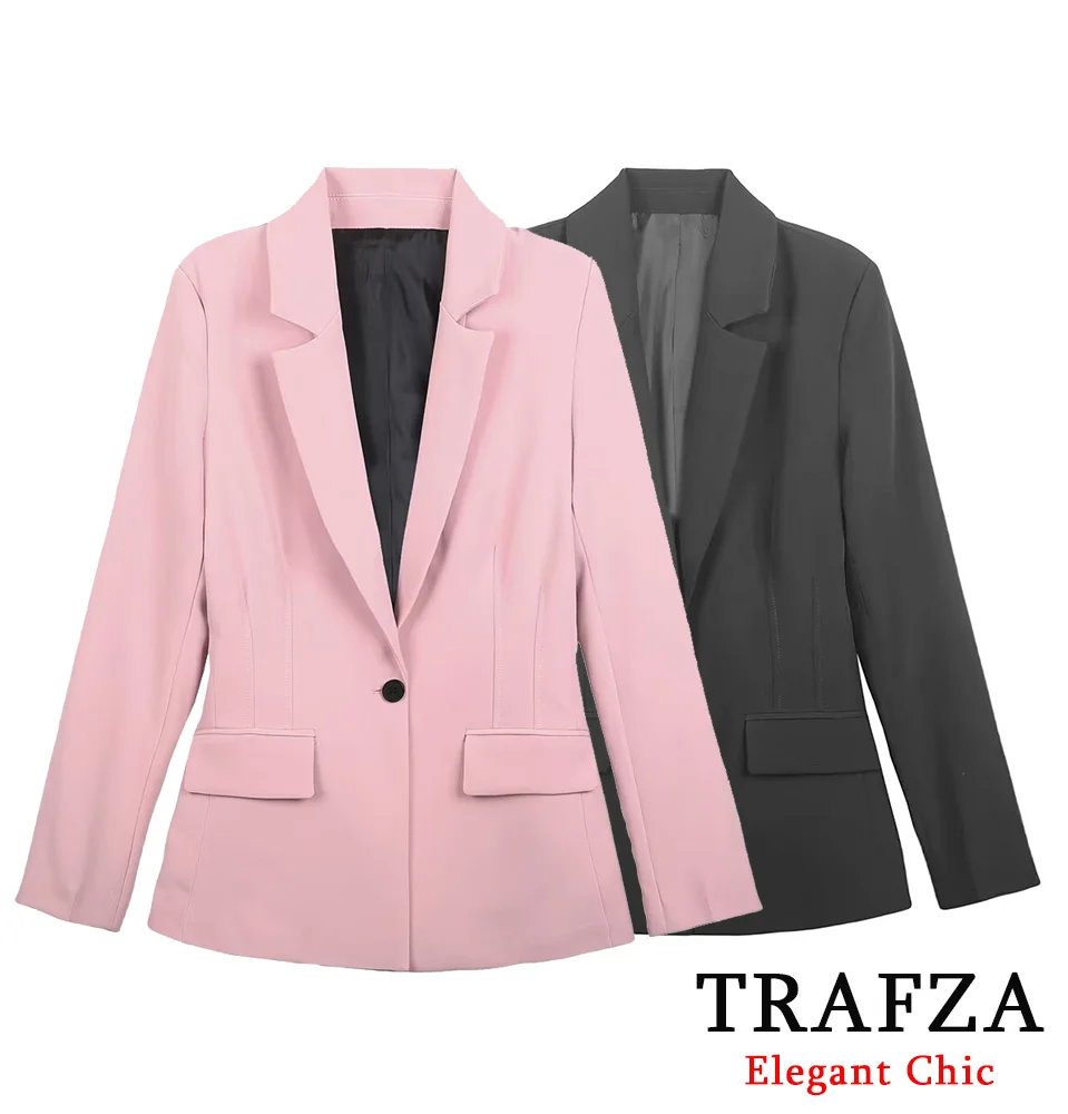 

TRAFZA-Women Elegant Blazer Lapel Single Button Slim Blazer New 2024 Fashion Spring Fall Simple Dinner Date Formal Blazer