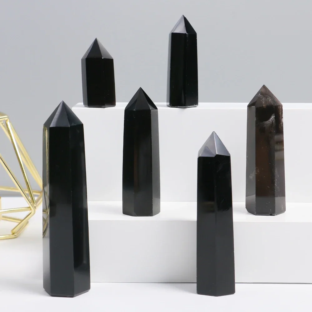 

Mineraali Natural Obsidian Tower Home Decoration Black Crystal Gemstones Point Hexagonal Column Room Ornaments Beautiful Mascots