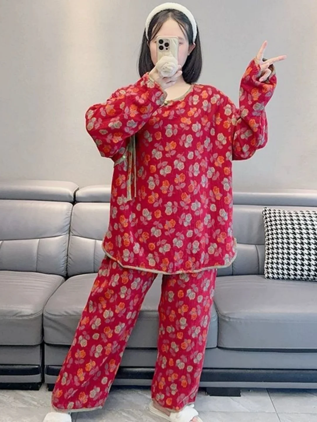 New Chinese Style round Neck Floral Print Sleepwear Set Large Size Long Sleeve Long Pants Comfortable Home Clothes Outdoor We...