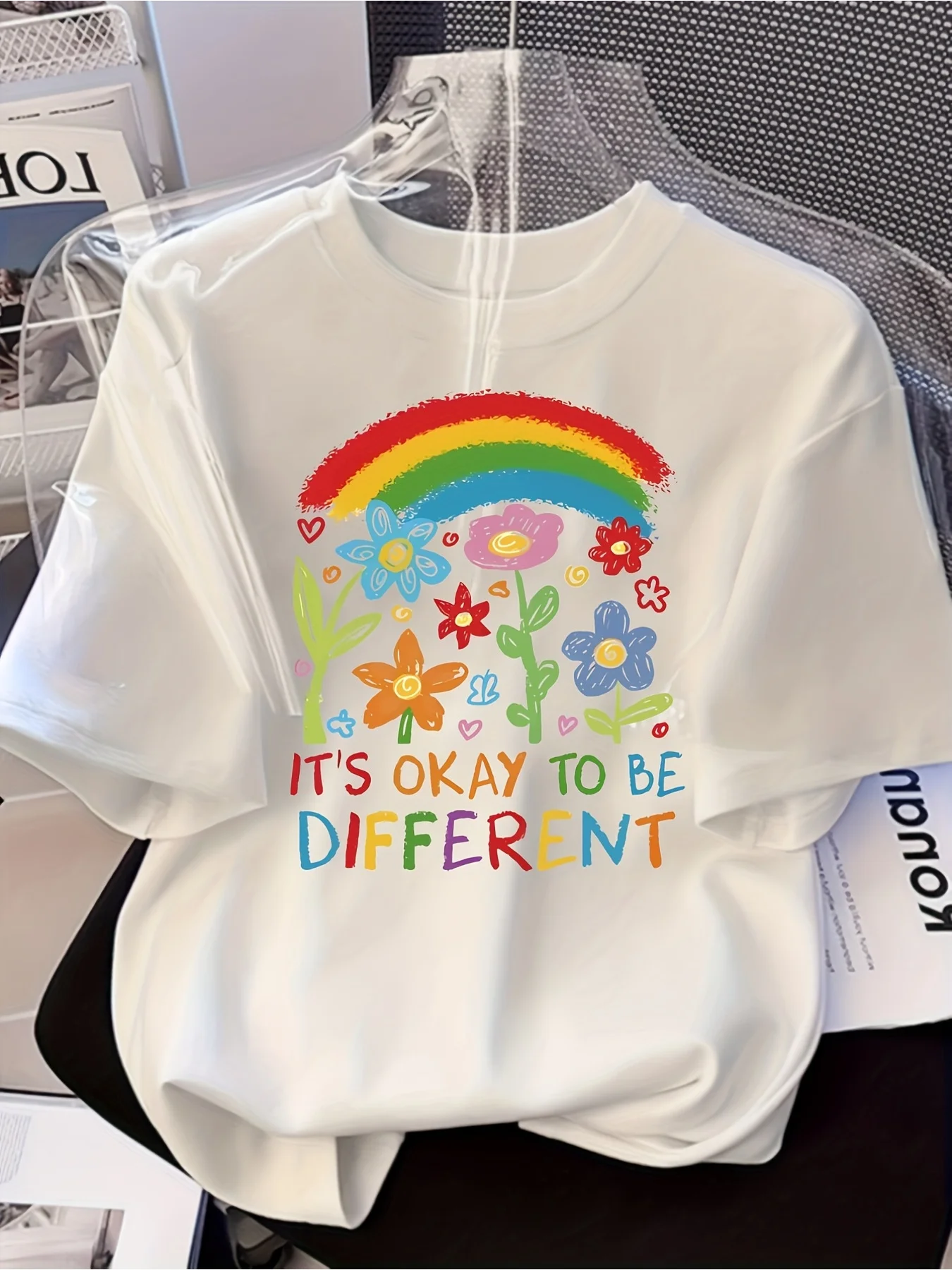 It's Okay To Be Different T Shirt Women Men Summer Rainbow Flower Graphic Tee Inspirational Quote Short Sleeve Loose Casual Top