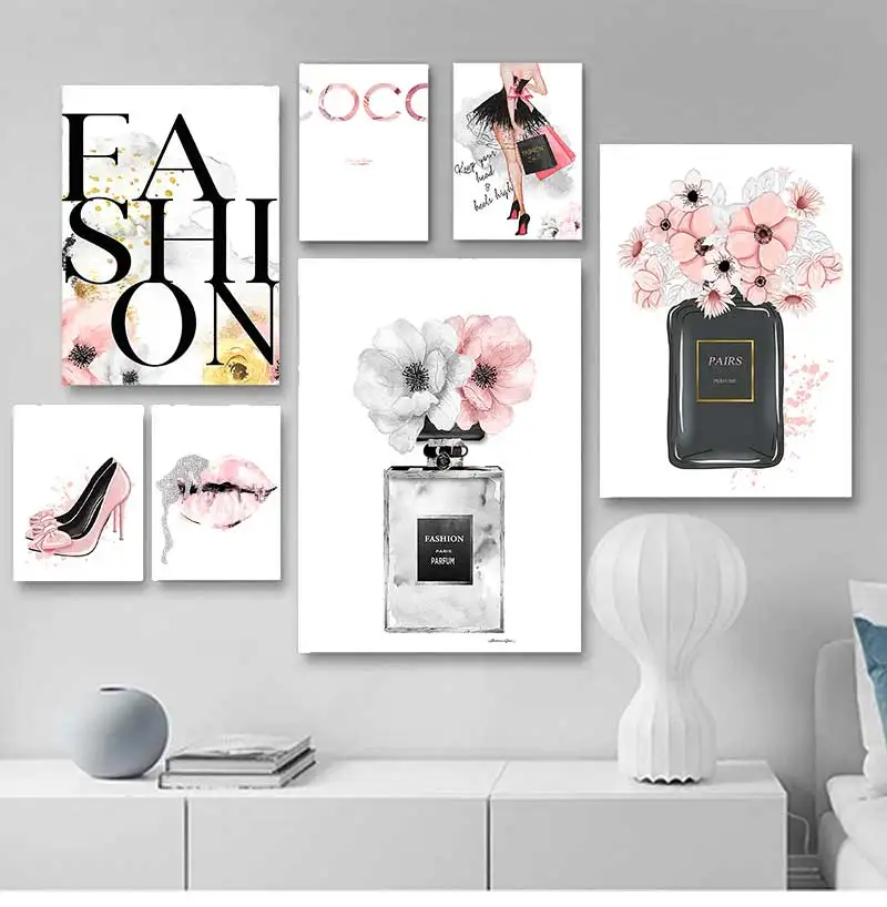 Canvas Art Print Sexy Lips Paintings High Heels Posters Pink Flower Wall Pictures Home Decor Fashion Poster Women Perfume Makeup