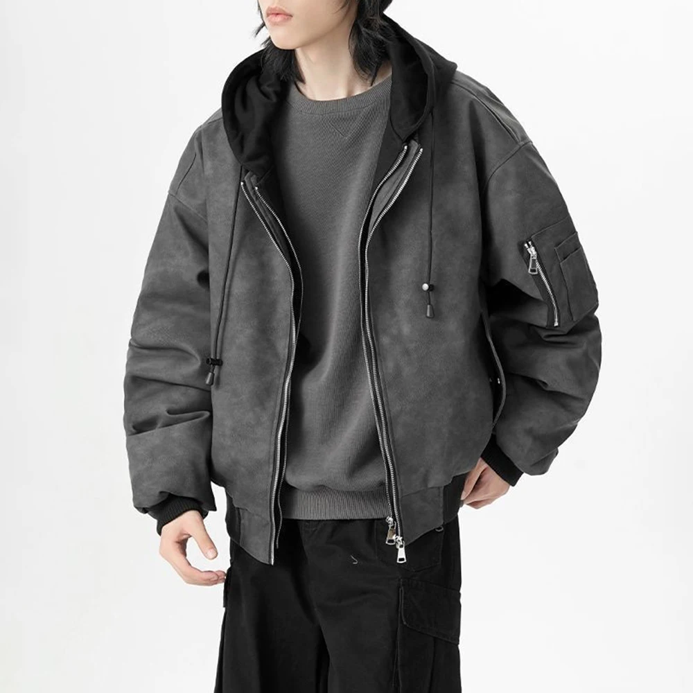 

2025 Spring Autumn New Fashion Tie-Dye Fake Two-Piece PU Leather Jacket Men's Pilot Jacket Men's Handsome Casual Hooded Jacket