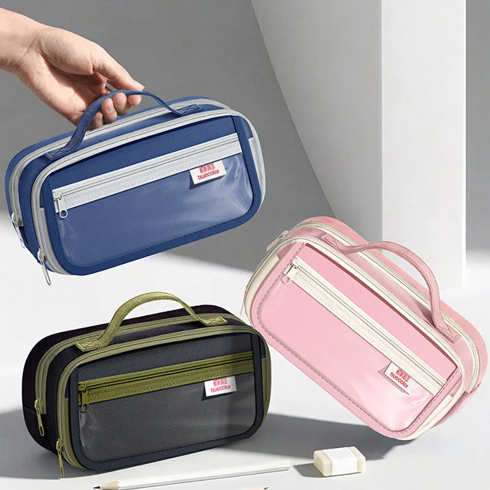 Retro minimalist transparent nine layer pencil case, large capacity for middle and high school students, exam pencil case