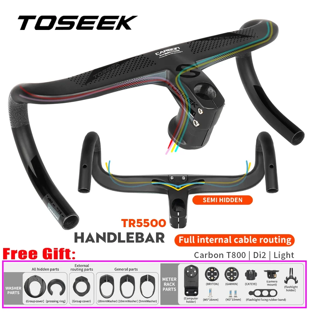 

TOSEEK Road Bicycle Handlebar Full Internal Cable Routing Di2 Carbon Fiber Integrated Bending Handle with Bike Computer Bracket