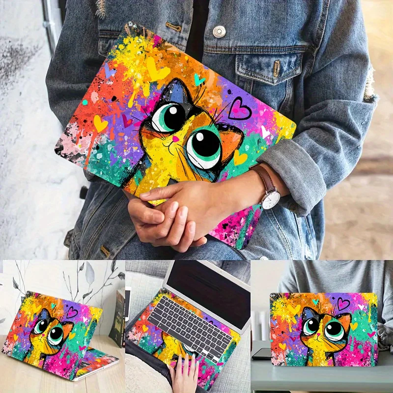 Pack of 2 Cat Pattern PVC Laptop Case Sticker with Color Background Scratch Resistant DIY Art Case for HP Dell Lenovo Apple