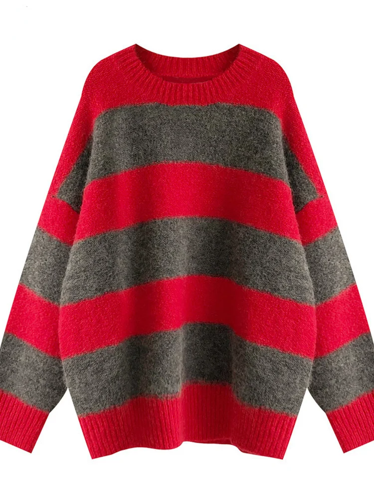 Woherb Women Oversized Thin Sweater Vintage Striped Loose Pullover Streetwear Autumn Knitted Jumper Femme 2024 Sueter Mujer