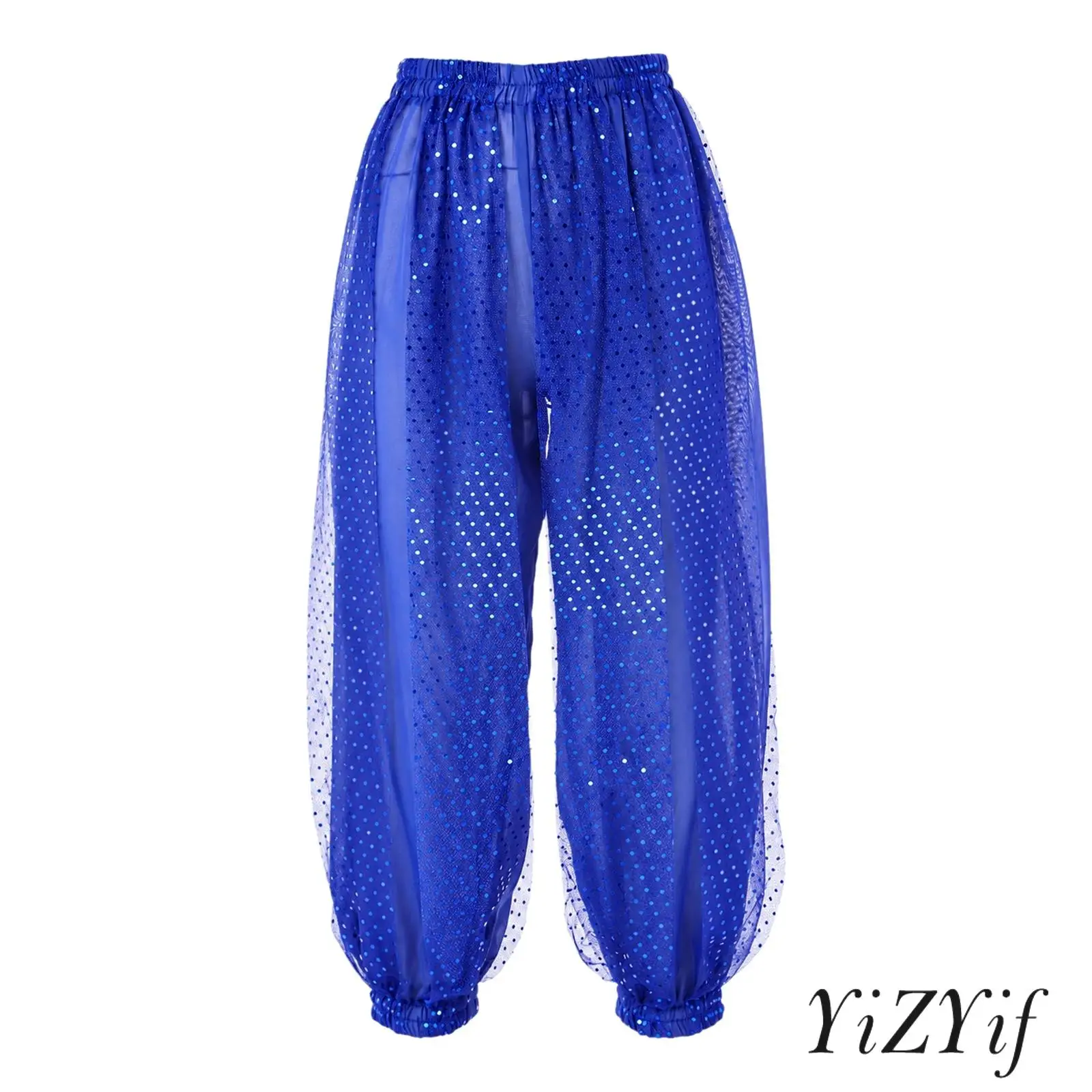Women Indian Modern Dance Pants Sparkly Bloomers Sequined Mesh Layer Elastic Waistband Jogging Belly Dancewear for Dance Party