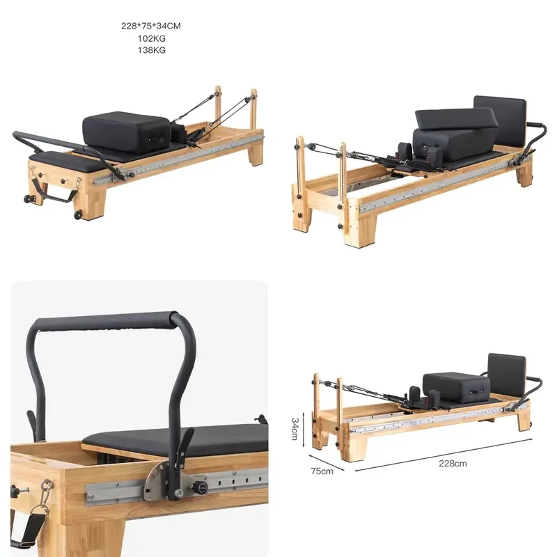 Durable Oak Wood Reformer Sliding Footbar-Multifunction Pilates Yoga Equipment Includes Sitting Box Jump Board Step