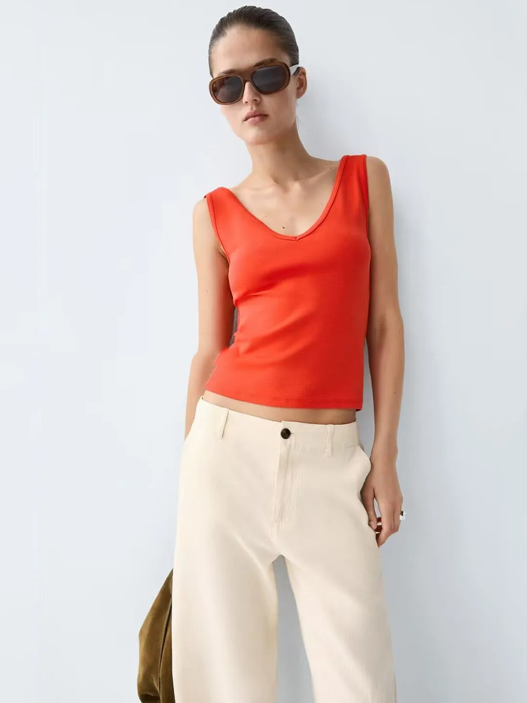MD Women's Summer New Casual Simple V-neck Red Cotton Blend Wide Shoulder Strap Inner Wear Sleeveless Vest Top