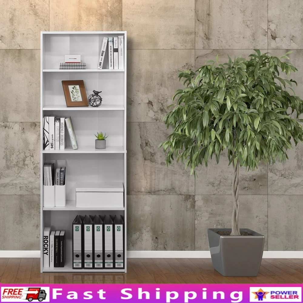 

Contemporary 5-Shelf Bookcase Durable Engineered Wood Adjustable Storage Easy Assembly Suitable Home Office Kids Room