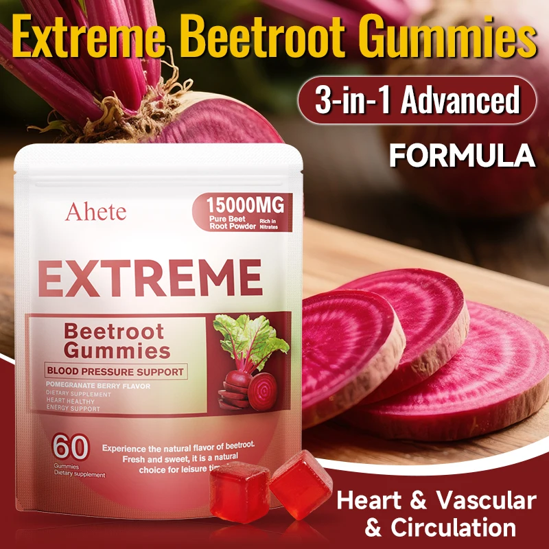 

Ahete 3-in-1 Beetroot Gummies with CoQ10 & Grape Seed - Heart Health & Blood Pressure Support, 60 Pcs, Vegan