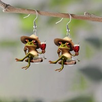 Lonely Frog and Red Wine Glass 2D Flat Earrings Creative Design Unique Cartoon Animal Elegant Frog Earrings Jewelry Gift