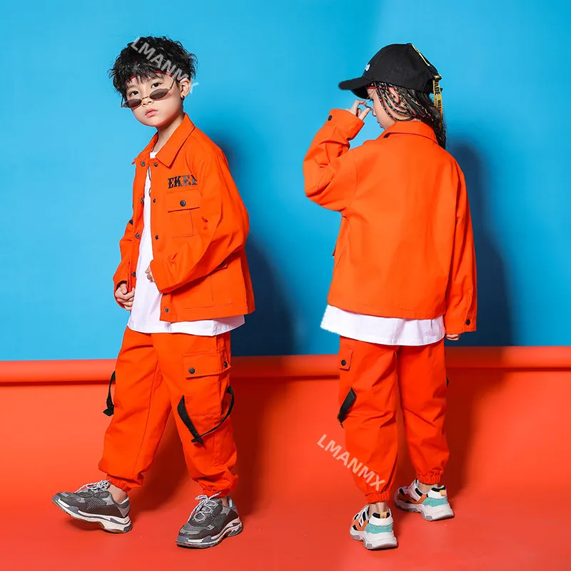 Trajes de Jazz naranja para niños, chaqueta de manga larga, pantalones, Ropa de baile callejero, conjunto de baile Hip Hop, Ropa de baile de escenario