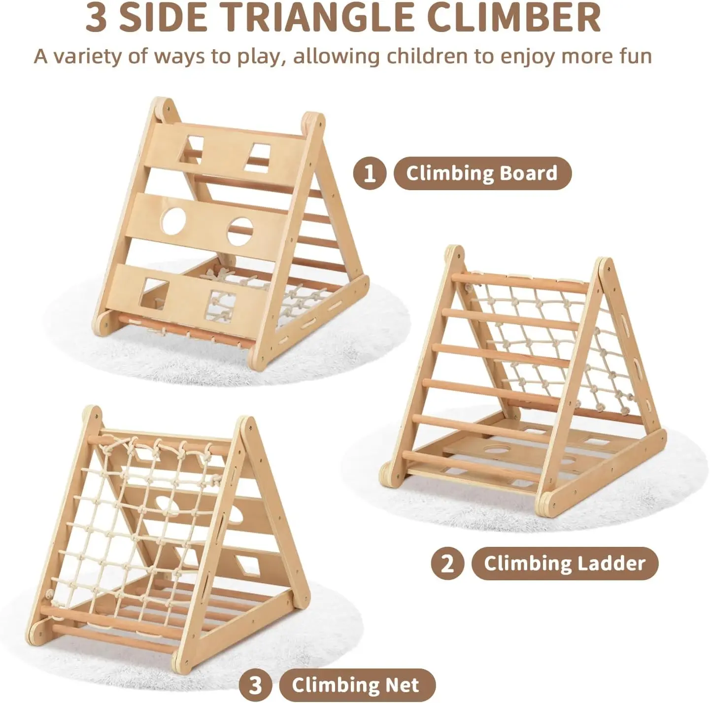 4 in 1 Climbing Triangle with Slide, 3-Side Kids Climbing Triangle Ladder, Climbing Net & Board,