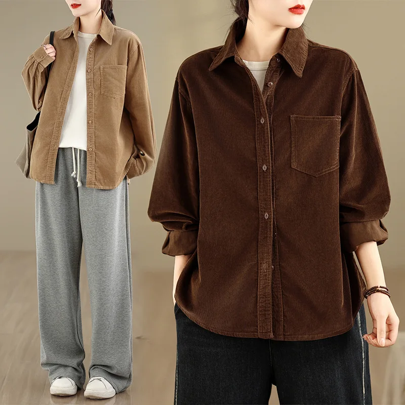 

Harajuku Vintage Cooffe Corduroy Button Down Shirt Women Spring Oversized Long Sleeve Casual Top With Chest Pocket Art Preppy