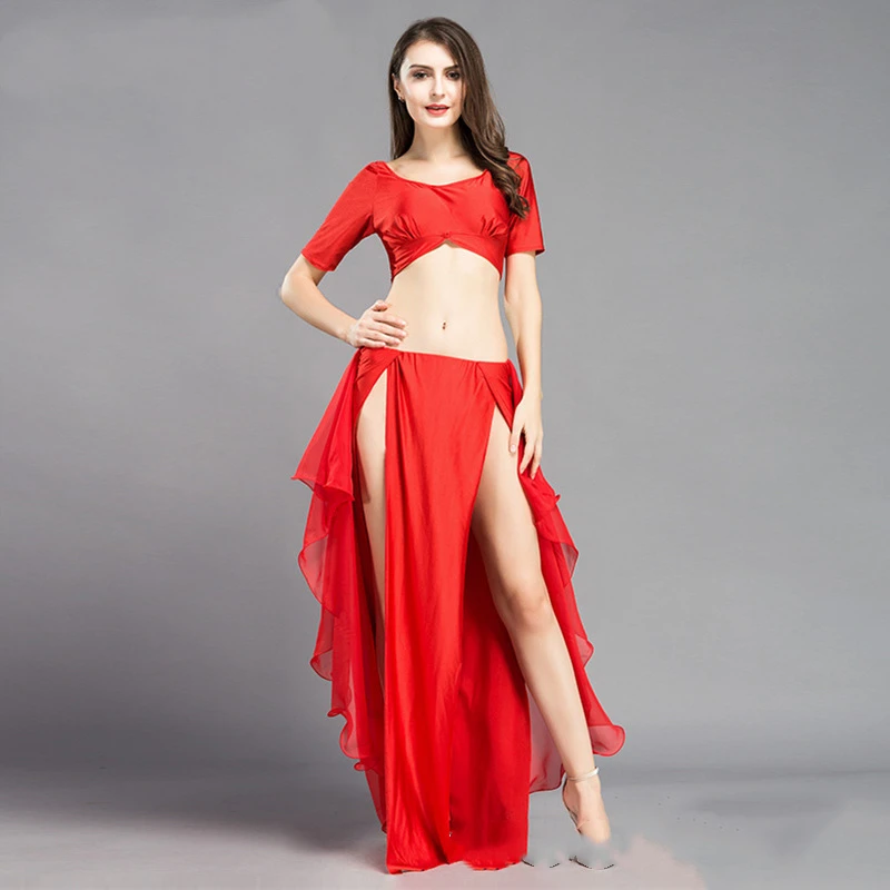 Kostium do tańca brzucha Czerwony top i spódnica dla kobiet Dzielona długa spódnica Dorosła orientalna odzież do ćwiczeń tańca brzucha