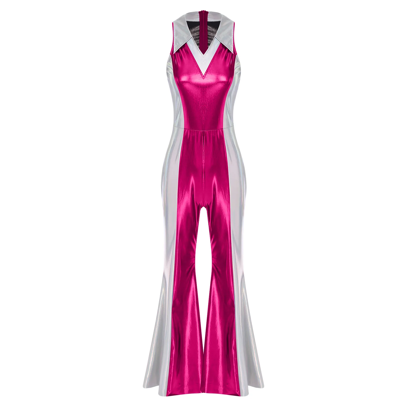 70 80s Disco Classical Vintage Jumpsuits Women Adults Sleeveless Metallic Shiny Bell-bottomed Pants Rompers for Dance Party