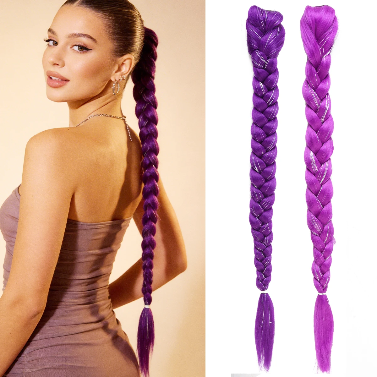 

Синтетический золотистый шелковый парик-хвост на заколке BB, накладной парик для женских волос, фиолетовые плетеные косы