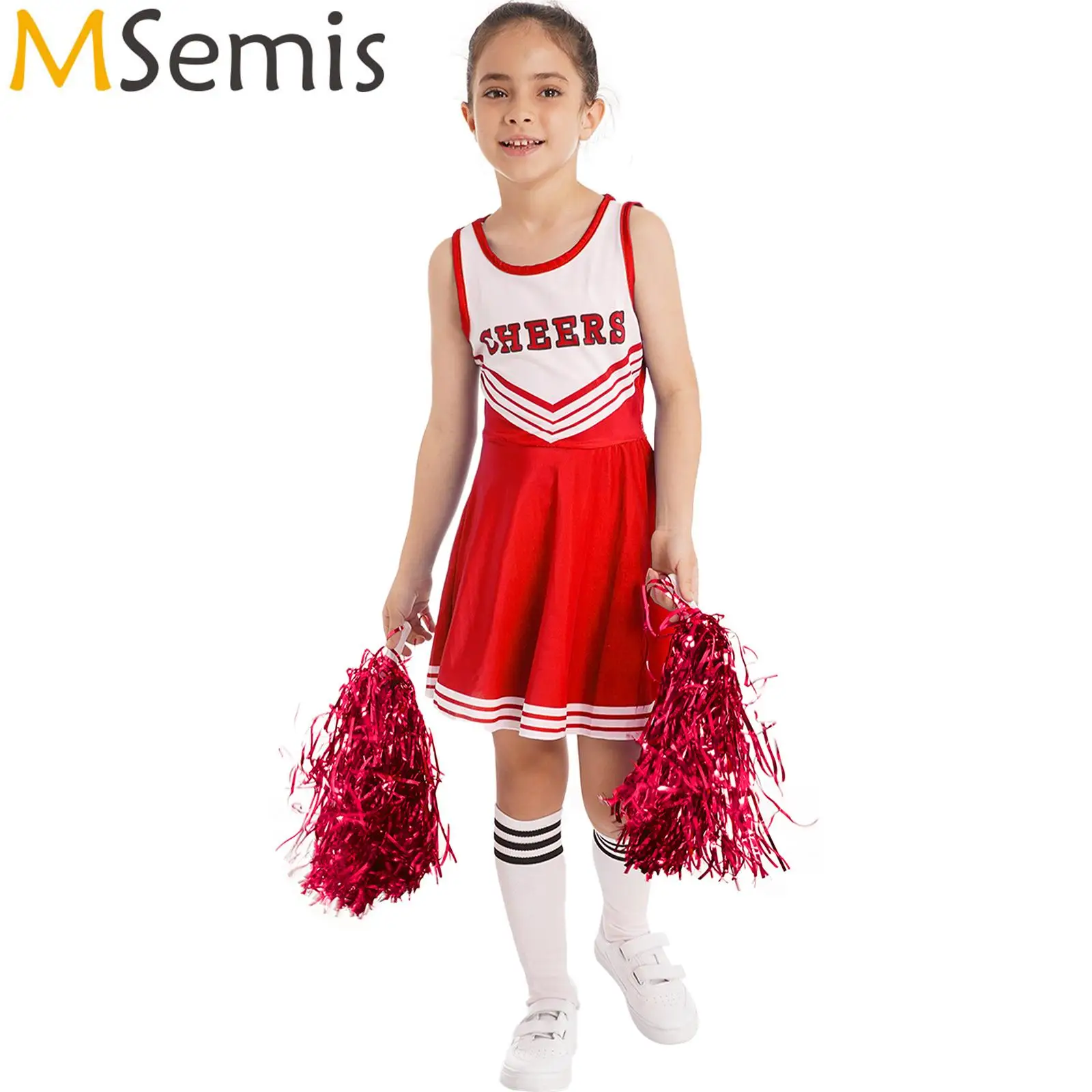 Kids Girls Cheerleading Dance Costumes School Girls Cheerleader Uniforms Cheer Dance Outfit Cheerleading Dress Flower and Socks