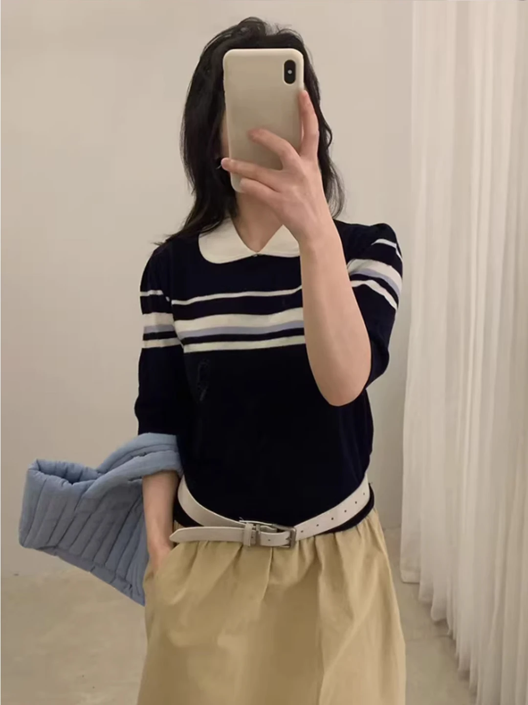 

Summer Soft Wind Striped Color Block Neck Knitted Short Sleeve Women's Top Casual Loose Fit Breathable Polyester Fiber