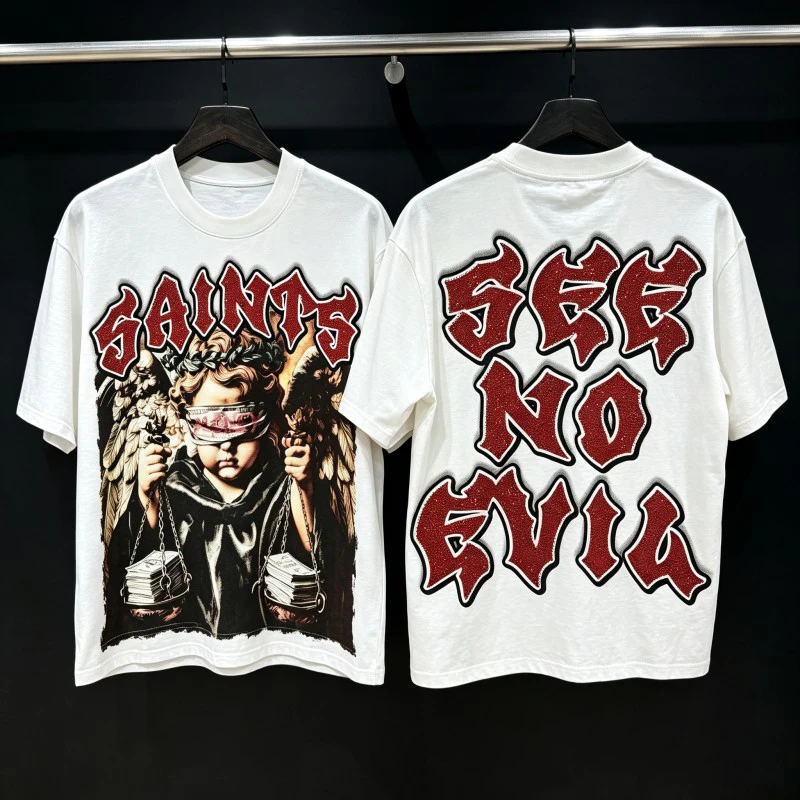 Masked Angel Child Heavenly Scale Banknote Print Saint Tshirt Red Hotfix Rhinestone Letter Round Neck Short Sleeve Men Women Tee