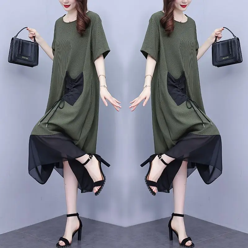 Summer Clothes for Women Fashion Patchwork Shirring Korean Round Neck Three-dimensional Decoration Short Sleeve Mid Length Dress