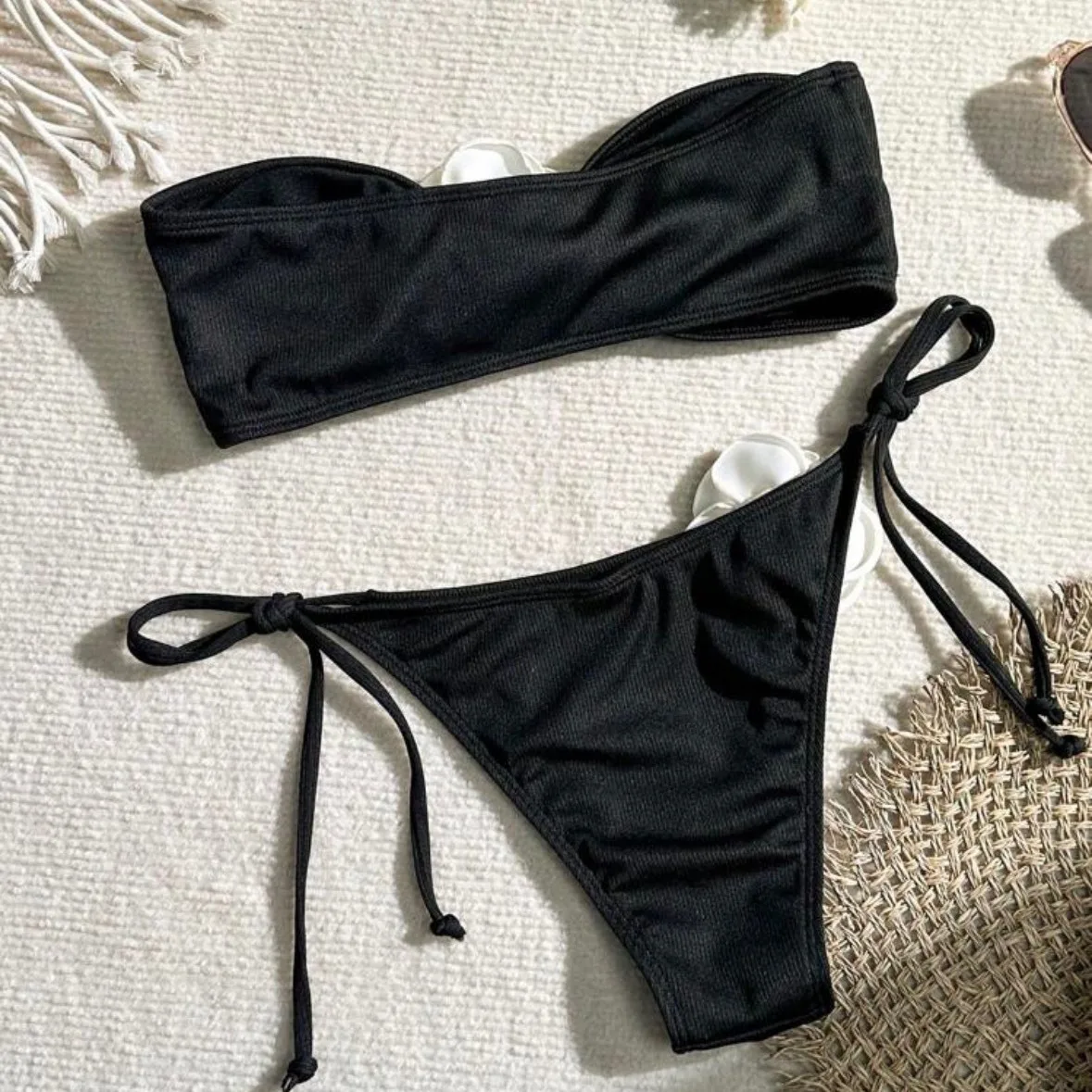 New Drawstring Three-dimensional Flower Split Two-piece Swimsuit Sexy Tube Top Backless Sleeveless Swimwear Black Fashion Bikini