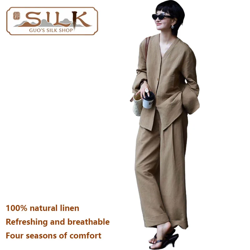 

High-end Natural Pure Linen Women Set Long-sleeved Shirt and Wide-leg Pants Set 2 Pieces Elegant Fashionable Luxurious Clothing