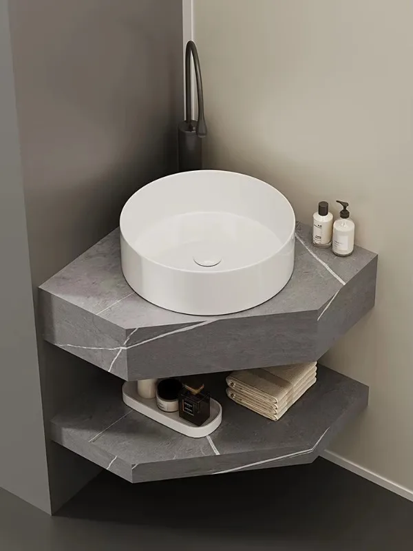 Triangular washbasin, corner countertop basin, small space, double-layer sintered stone ceramic washbasin
