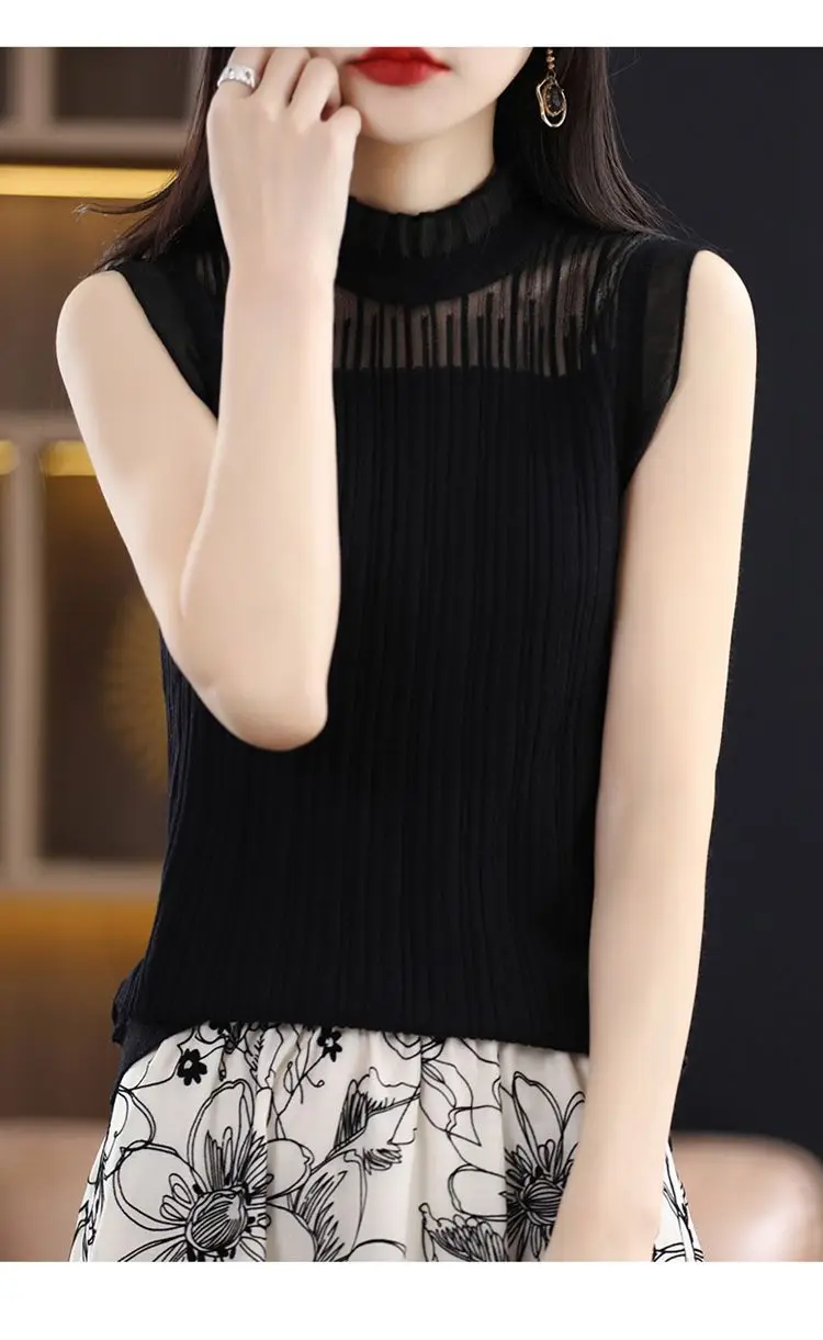 2023 Fashion Trend Foreigner Wood Ear Collar Women's Knitted Sling Spliced with Hollow Lace Solid Sleeveless Temperament T-shirt