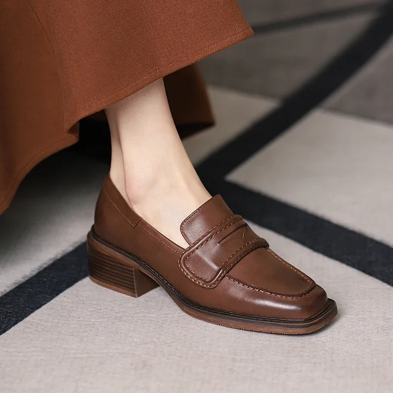 2022 Spring Genuine Leather Slip-On Women Shoes Casual Loafers Square Toe Simple Shoes Thick Heel Shoes Woman Zapatos De Mujer