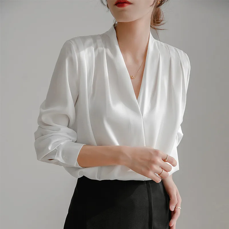 

Spring Autumn Long Sleeve V-Neck Acetate Chiffon Shirt Women's Business Atmosphere Handbag Store Korean Style Straight Cut