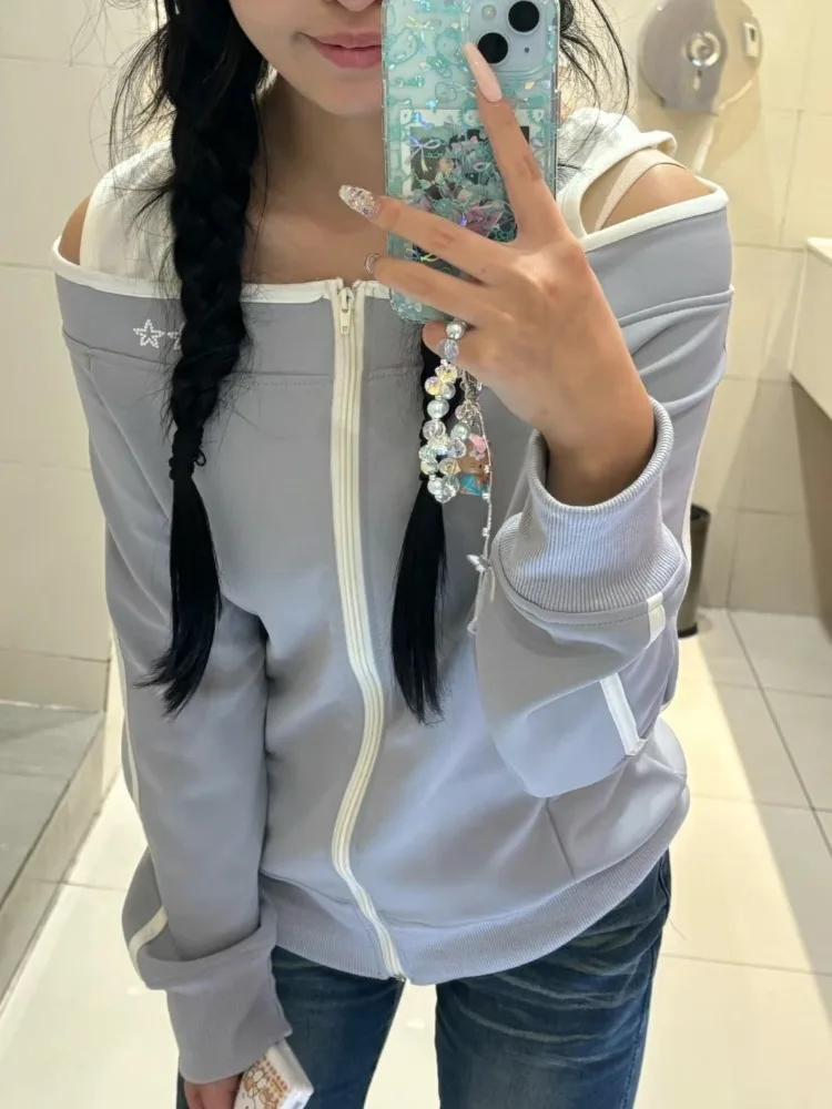 وهمية قطعتين Y2k الجمالية خمر هوديس مائل الرقبة عادية الجرونج سليم صالح الستر الخريف المرأة سستة المرقعة البلوز