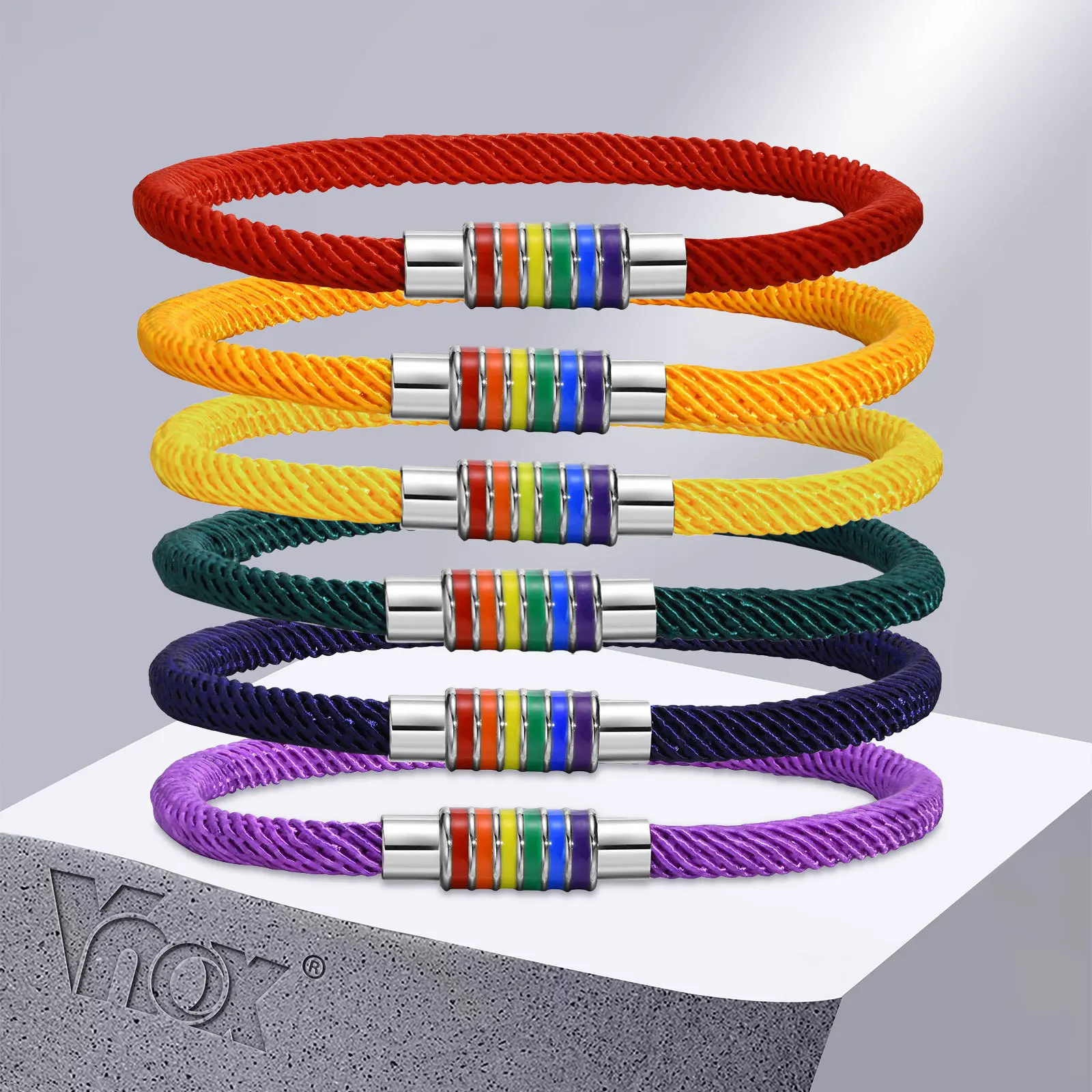 Vnox Casual String Rope Woven Chain Bracelets for Men Women,Stainless Steel Rainbow Color Clasp Charms Wristband Gift Jewelry