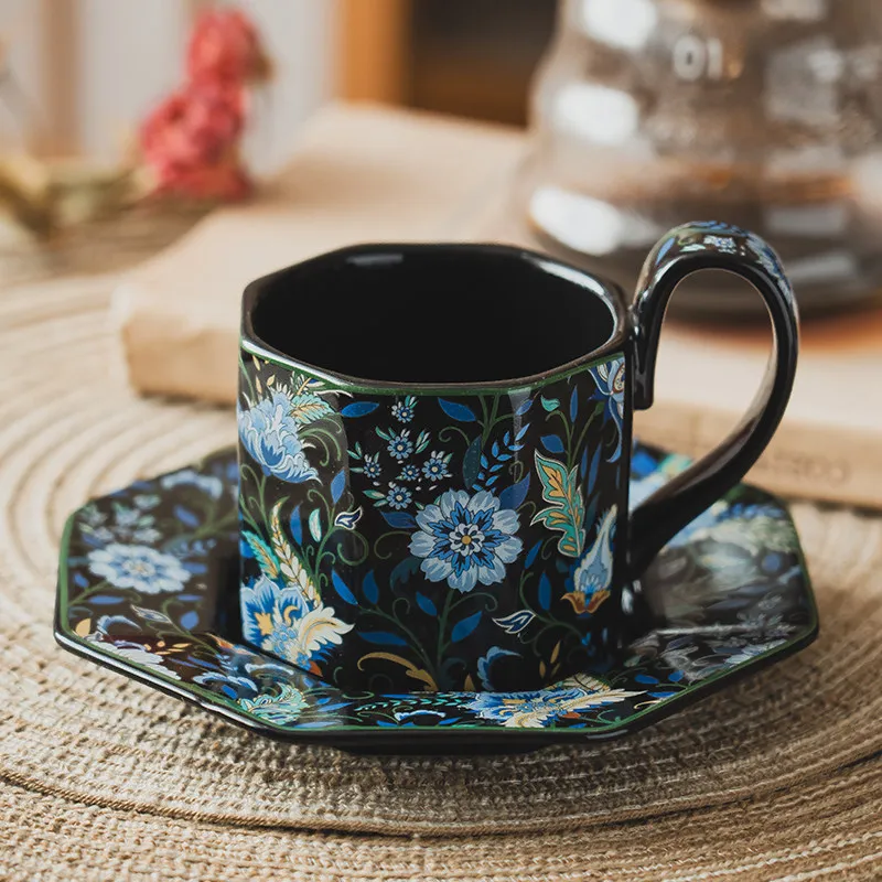 240ml Floral Ceramic Coffee Cup and Saucer Set Vintage Blue Flower Porcelain Mug with Tray Home Afternoon Tea Tableware Gift