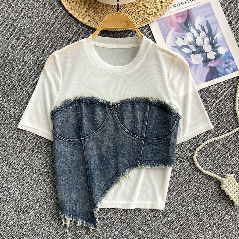 EWQ Fashion Denim Patchwork Design T-shirt For Women Round Collar Short Sleeve Casual Tops Clothing 2024 Summer New 27X231