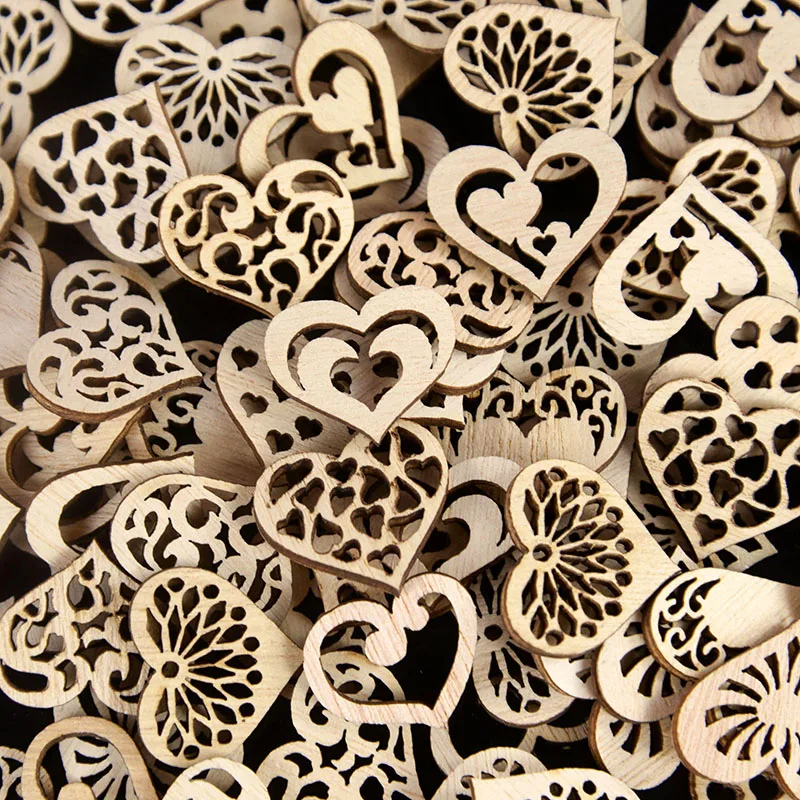 50pcs Hollowed Wooden Heart Craft Slice Rustic Wedding Table Scatter Birthday Party Decor Christmas Ornament DIY Scrapbooking