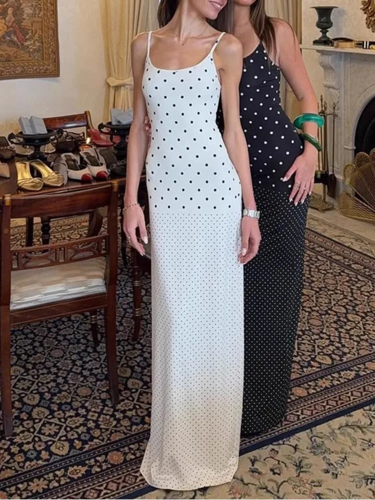 Nuovo comodo abito casual da donna primavera e autunno stampa a pois con bretelle francesi senza maniche gonna lunga sexy sottile