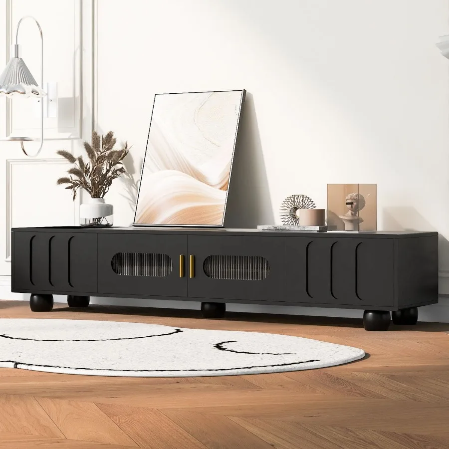 

UCan Modern TV Stand for TVs up to 80 Inches Entertainment Center with Glass Door TV Storage Cabinet with Solid Wood Legs and M