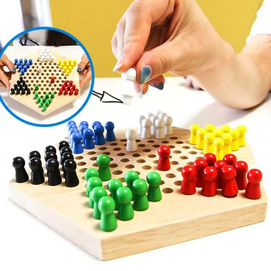 Wooden Educational Board Kids Classic Halma Chinese Checkers Set Strategy Family Game Pieces