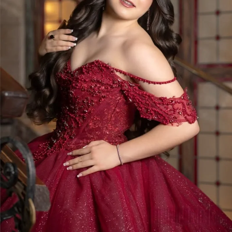 

Shiny burgundy Quinceanera Dress off-shoulder crystal Sequin decal Long tail vestidos de 15 Quinceanera ﻿Customize